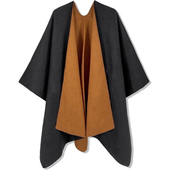 Women Shawl Wrap Poncho Ruana Cape Open Front Cardigan Fall Winter Brown Black - Picture 2 of 6